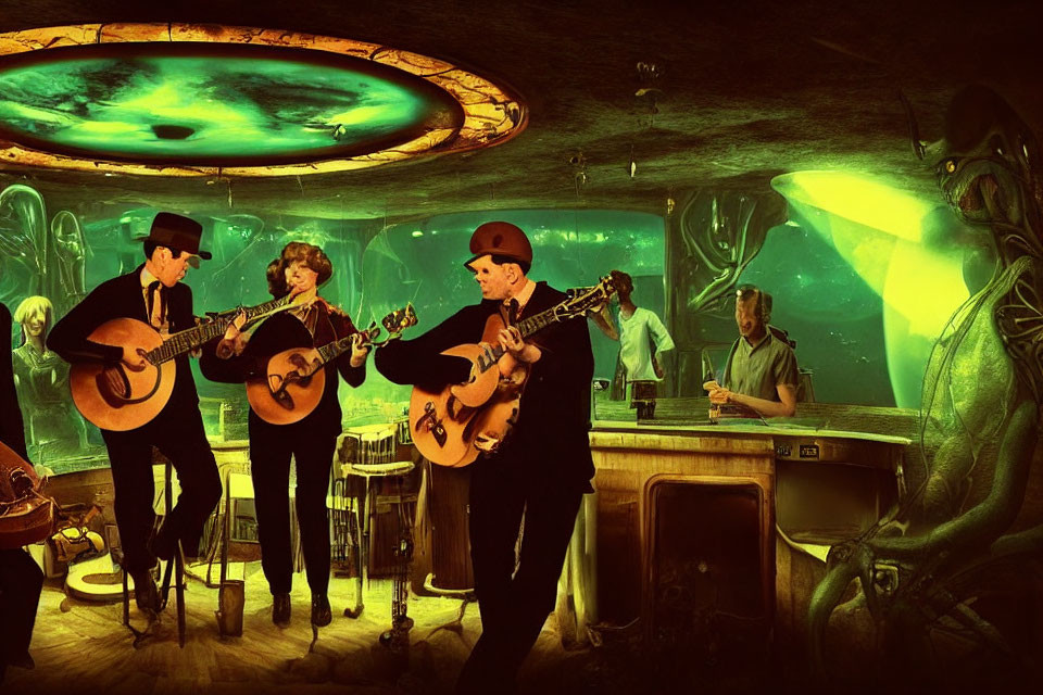 Alien bar scene with band playing guitars