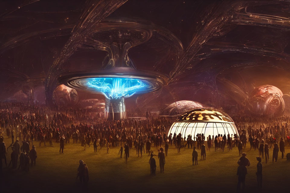 Futuristic hall with blue light, crowds, and hovering spaceships