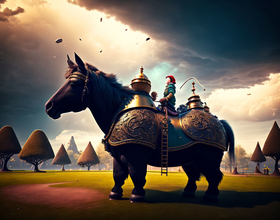 Gnome placing teapot on armored horse in surreal landscape