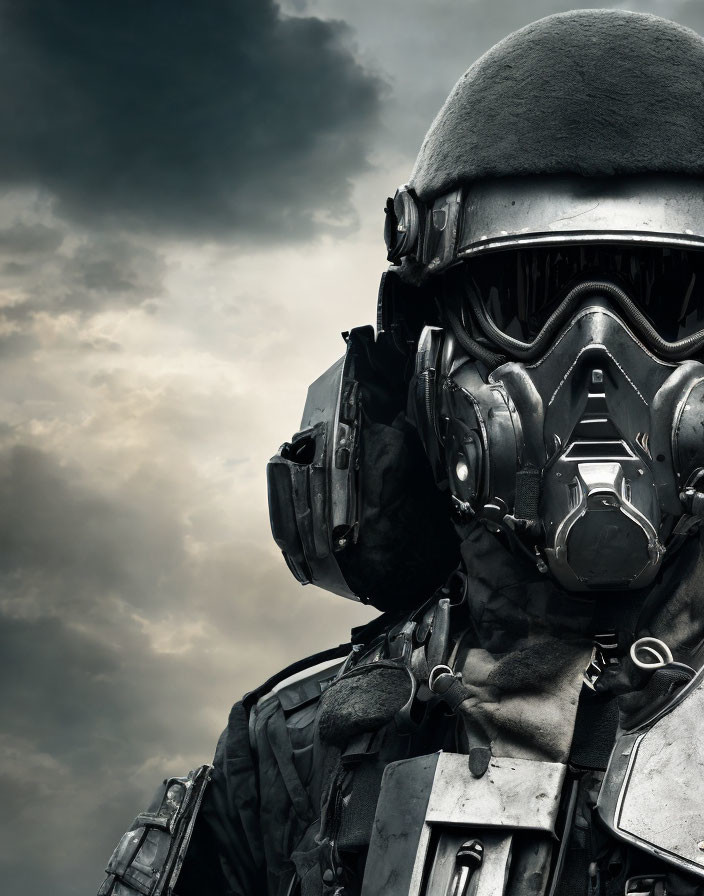 Person in tactical gear with gas mask and helmet under cloudy sky
