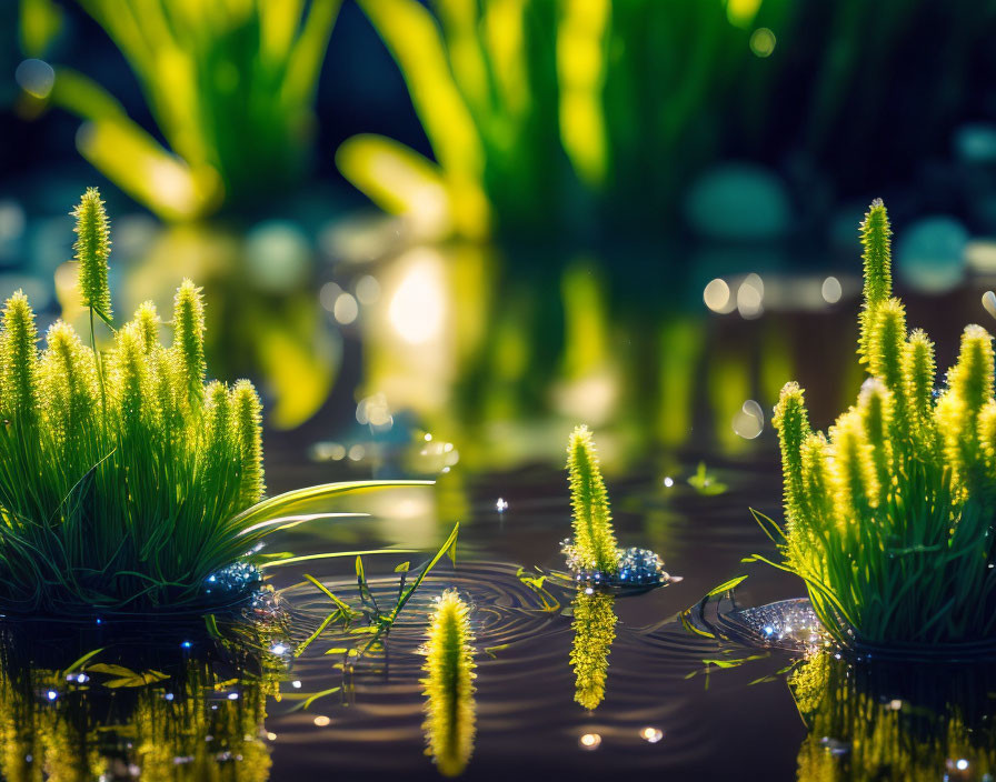 Tranquil pond plants illuminated by soft light on water surface