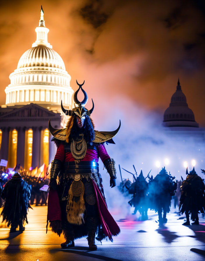 Elaborate horned warrior costume in front of brightly lit capitol building at night