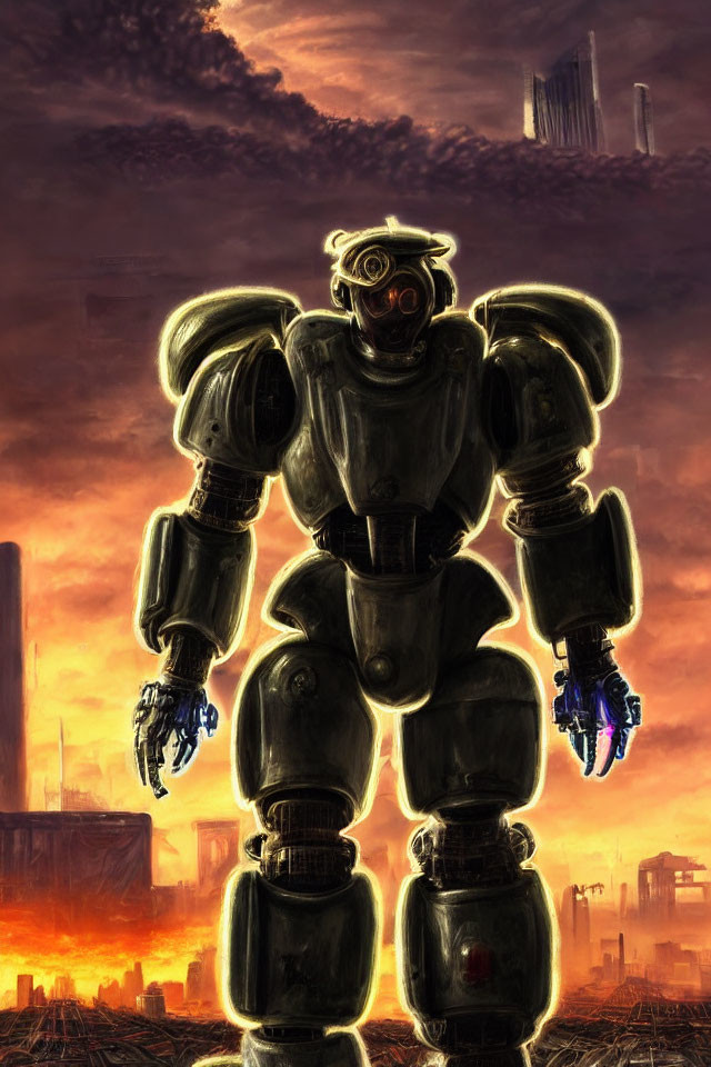 Gigantic robot in dystopian wasteland with dark skies