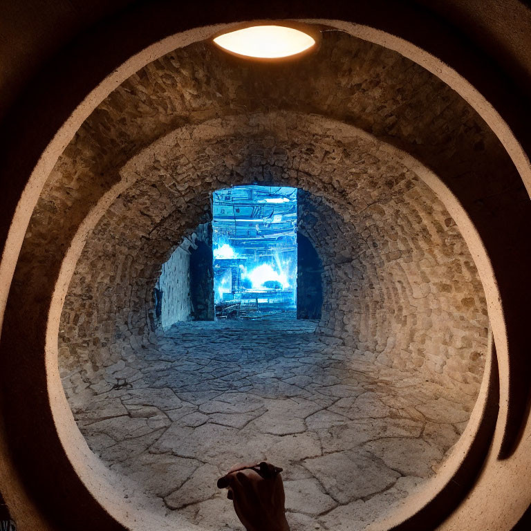 Circular Stone Tunnel with Illuminated Blue Archway and Silhouette Person