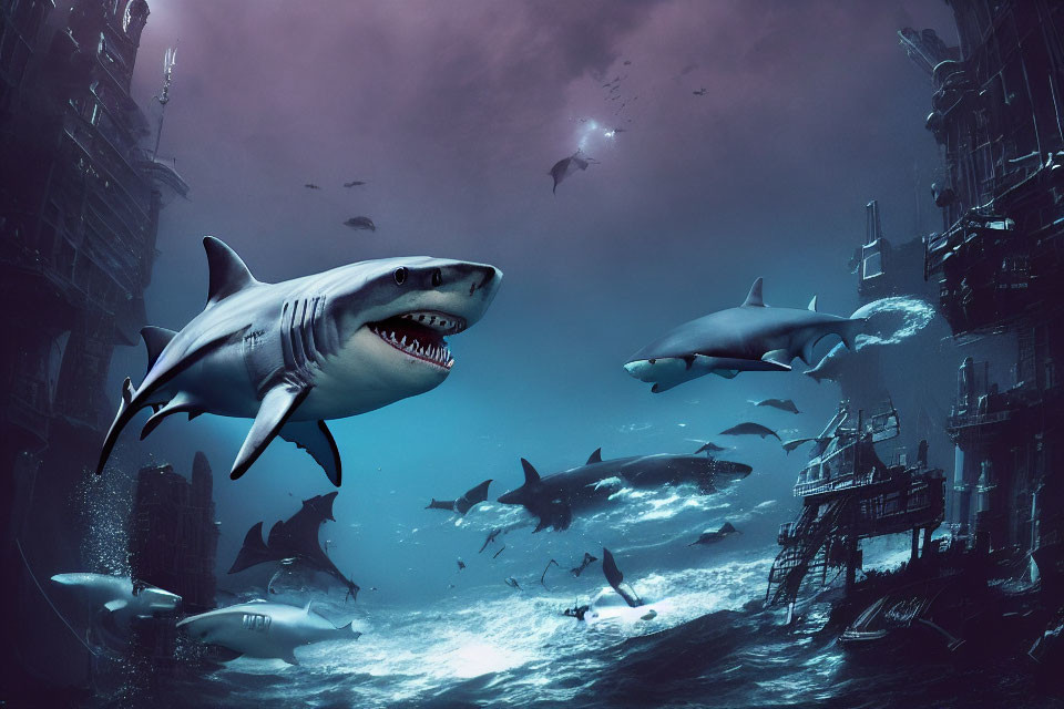 Sunken city ruins with sharks and diver in underwater scene