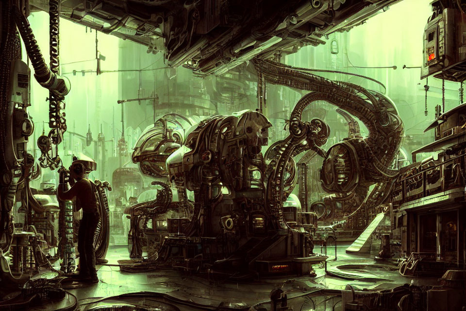 Futuristic cyberpunk interior with machinery, pipework, lighting & solitary figure