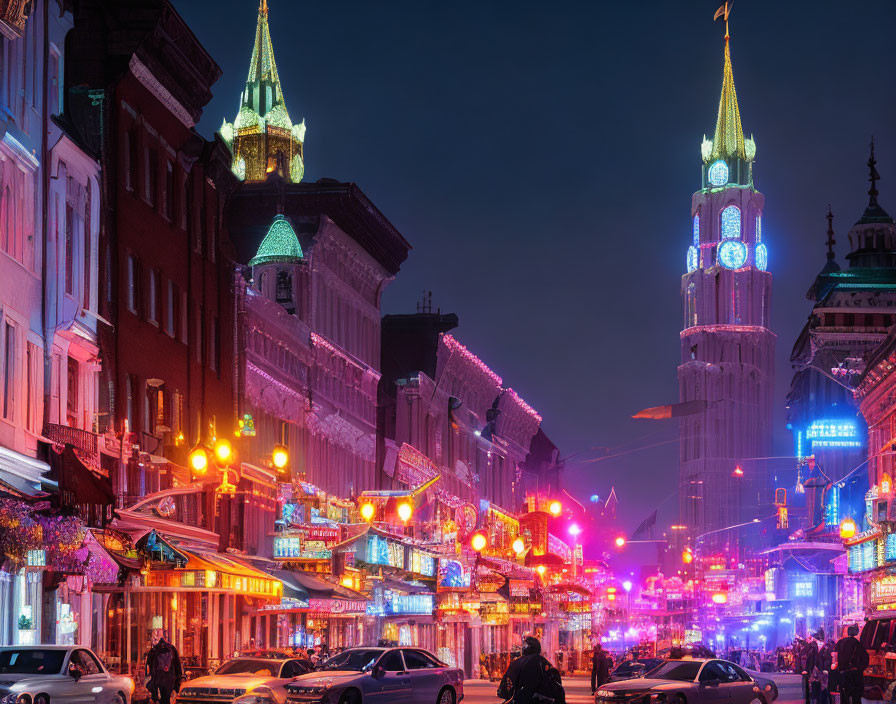 Colorful Neon Signs Illuminate Vibrant City Street at Night