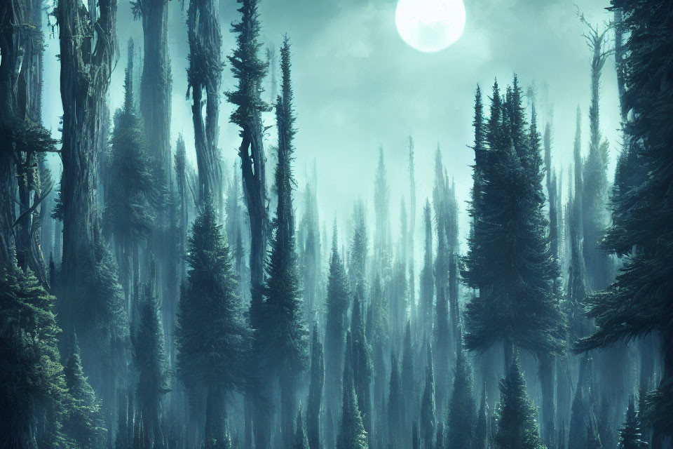 Majestic misty forest under pale moon