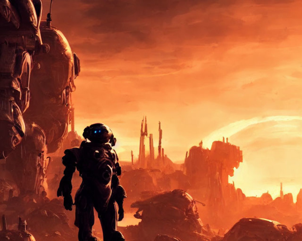 Astronaut in bulky suit on rocky terrain with mech suit and cityscape in reddish sky