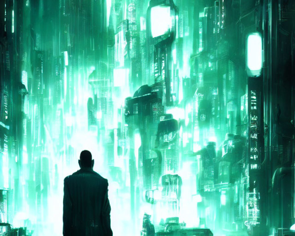 Figure in Green Light Amid Cyberpunk Cityscape