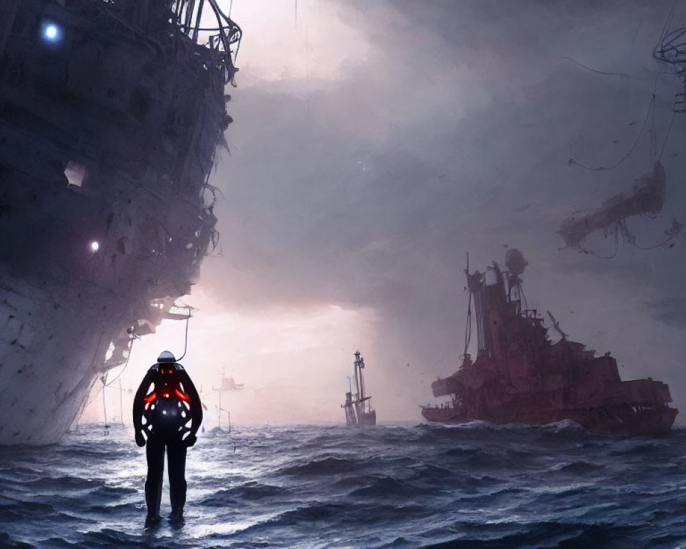 Futuristic suit figure in stormy sea with derelict ships and mysterious structures