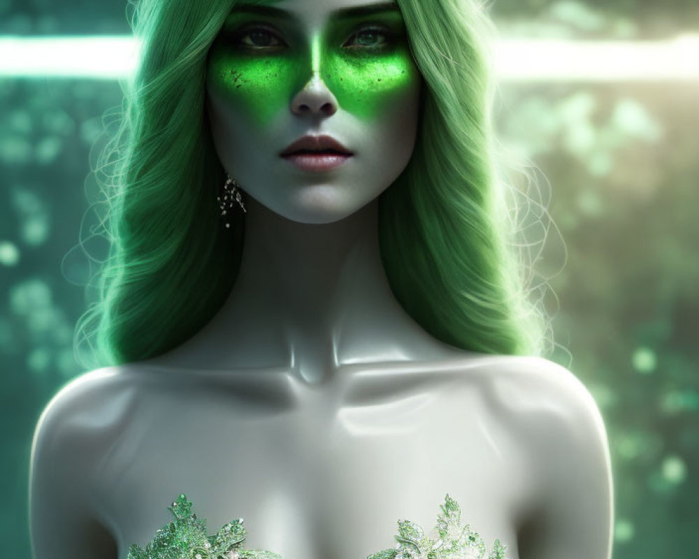 Digital artwork: Woman with green hair, luminescent eyes, ornate dress