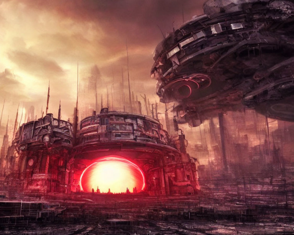 Dark dystopian cityscape with towering structures and red sun setting.