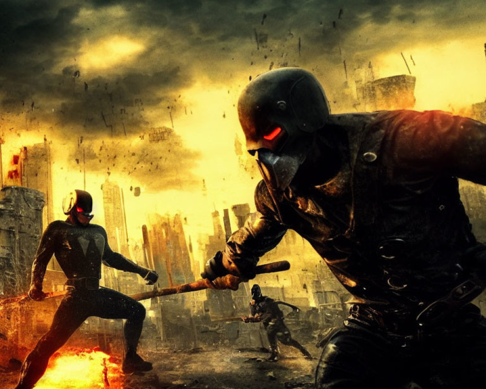 Dystopian scene with two figures in combat gear in fiery cityscape