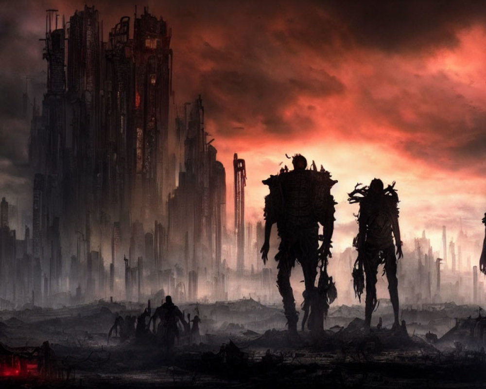 Apocalyptic cityscape with towering ruins and ominous figures