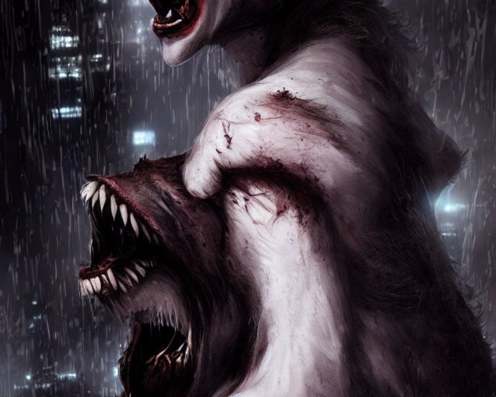 Sinister creature with sharp teeth and two mouths in dark urban setting