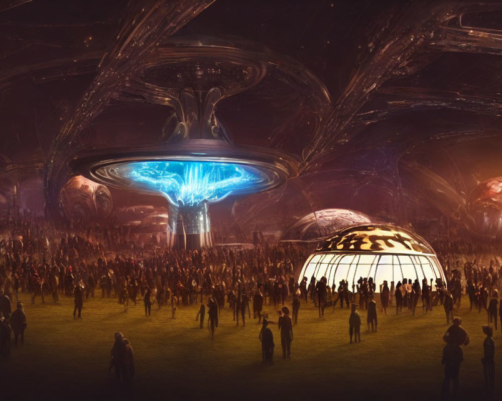 Futuristic hall with blue light, crowds, and hovering spaceships