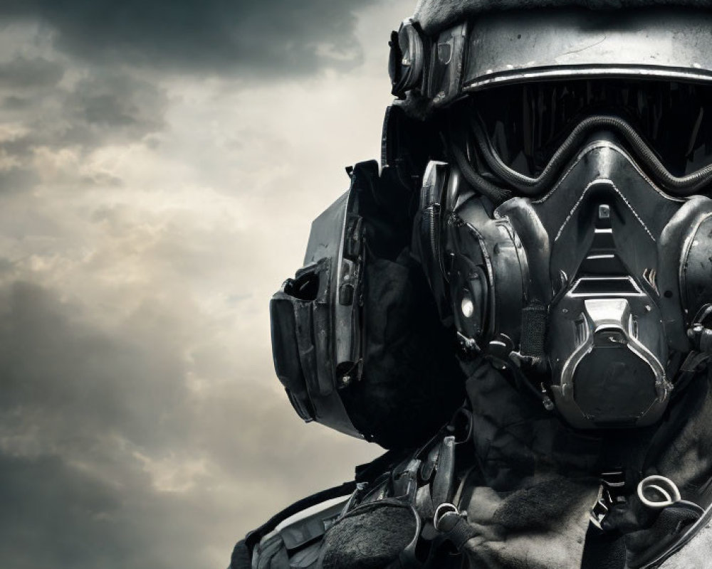 Person in tactical gear with gas mask and helmet under cloudy sky