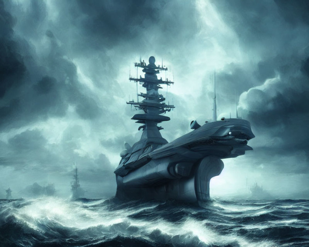 Futuristic warships in stormy seas with dark clouds