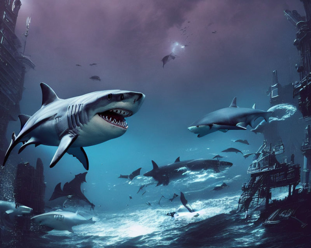 Sunken city ruins with sharks and diver in underwater scene