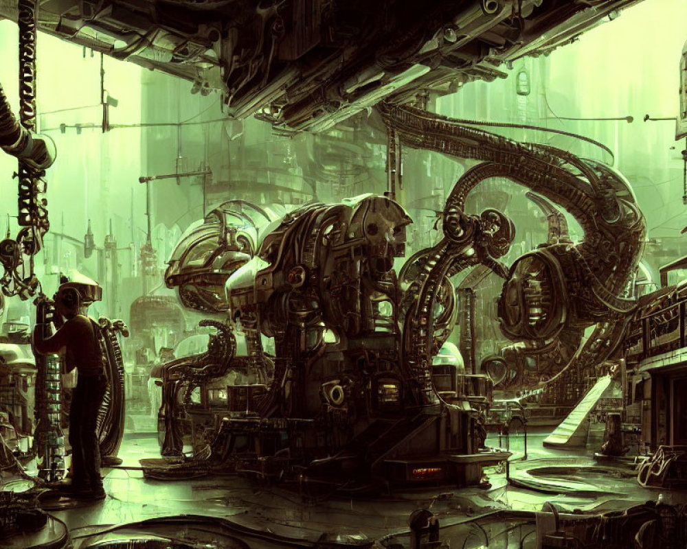Futuristic cyberpunk interior with machinery, pipework, lighting & solitary figure