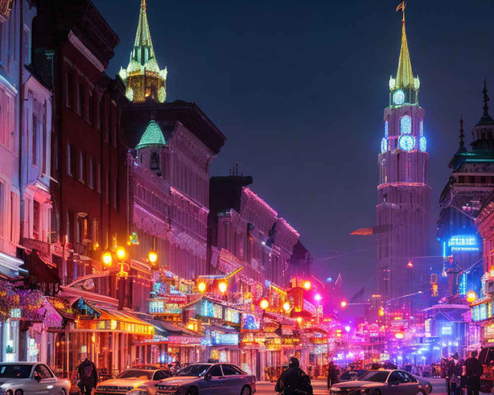 Colorful Neon Signs Illuminate Vibrant City Street at Night