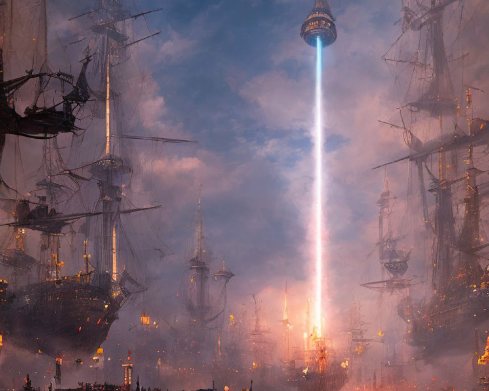 Fantasy port with tall ships and towering spire under twilight sky