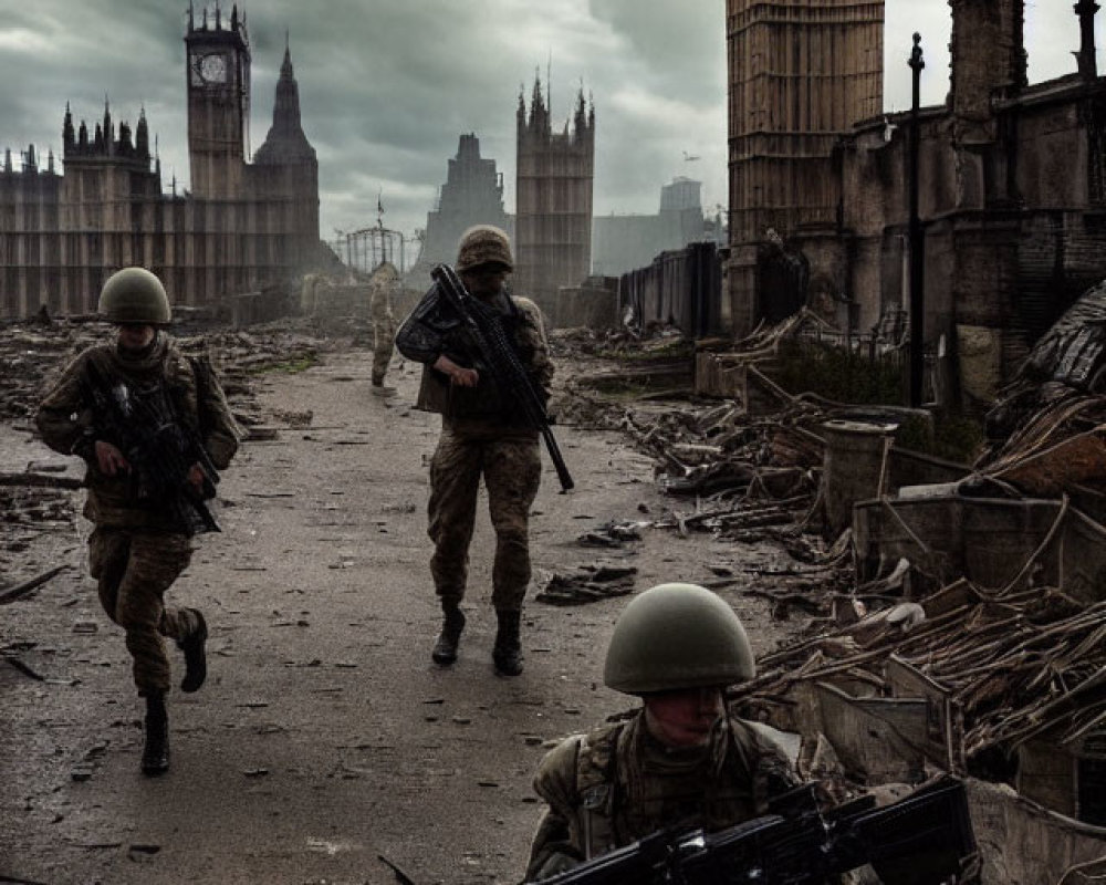 Soldiers in combat gear navigate dystopian war-torn landscape