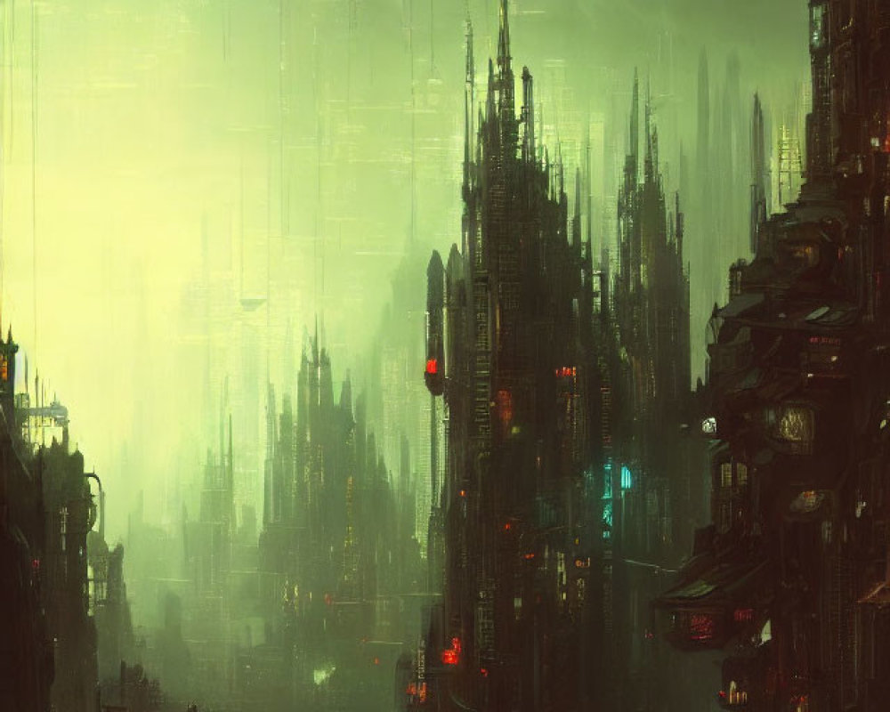 Dystopian cityscape with towering structures and flying vehicles in green light