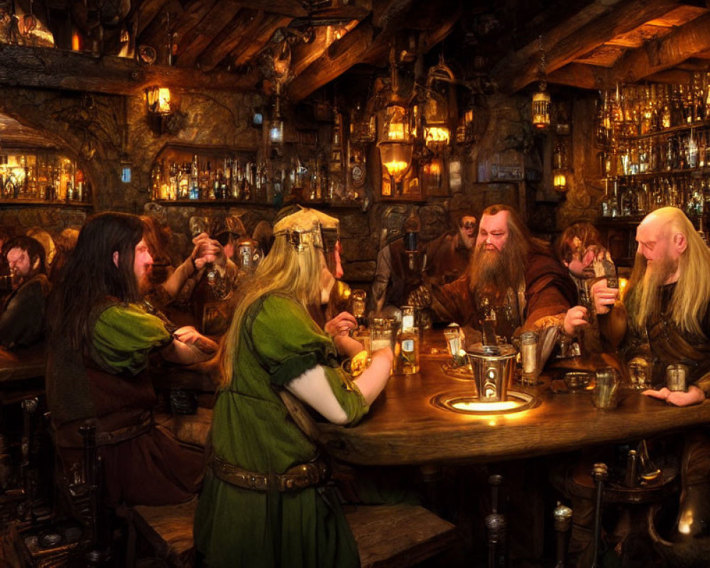 Fantasy dwarves in costume socialize in rustic tavern ambiance