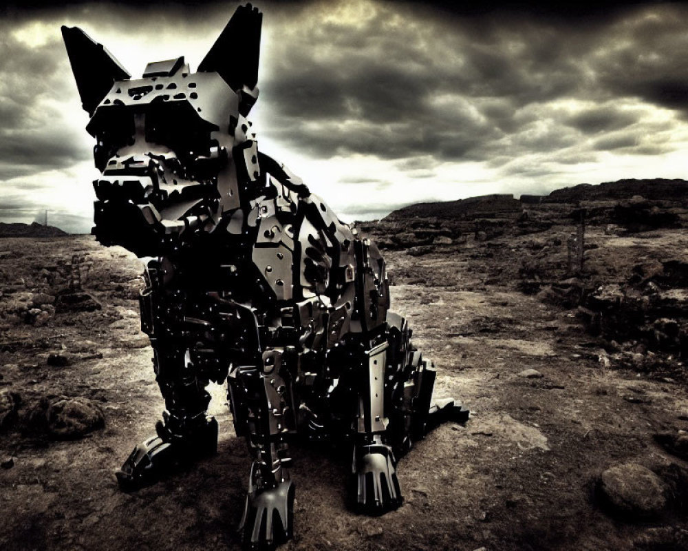 Metallic robotic-dog sculpture on rocky terrain under cloudy sky