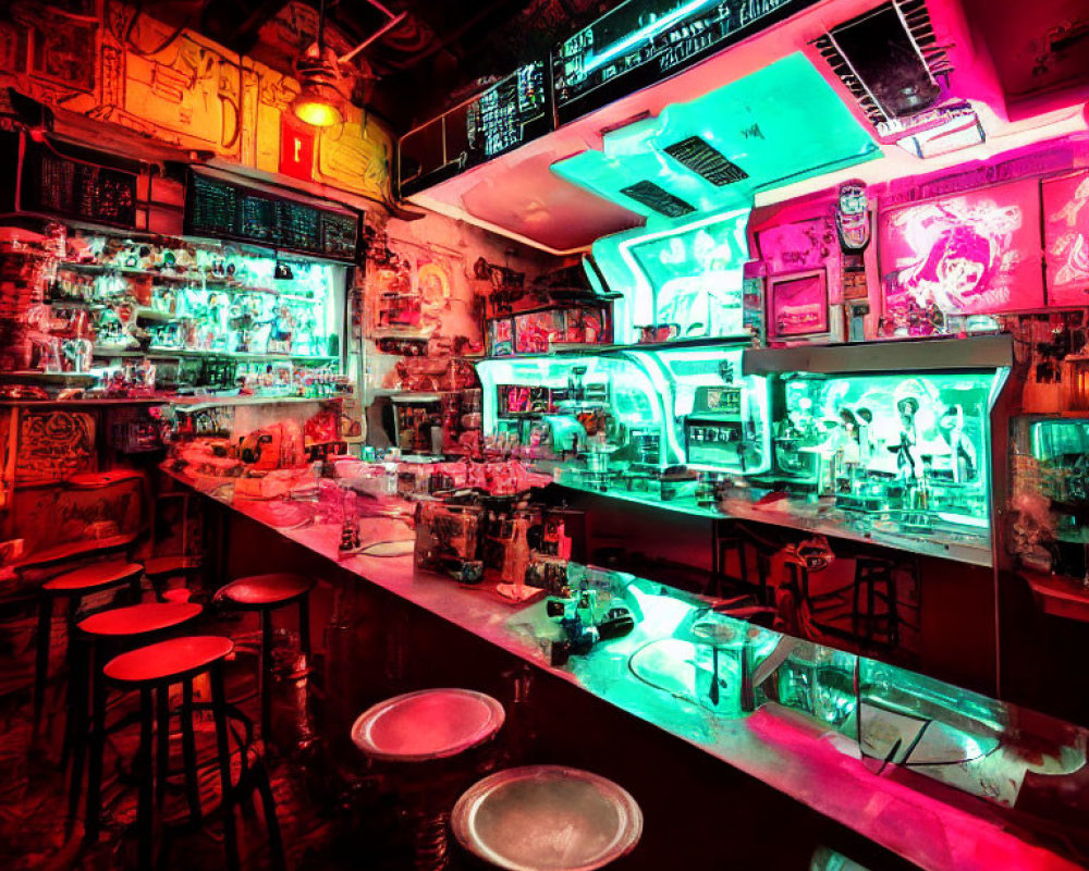 Eclectic Neon-Lit Bar with Illuminated Bottles and Empty Stools