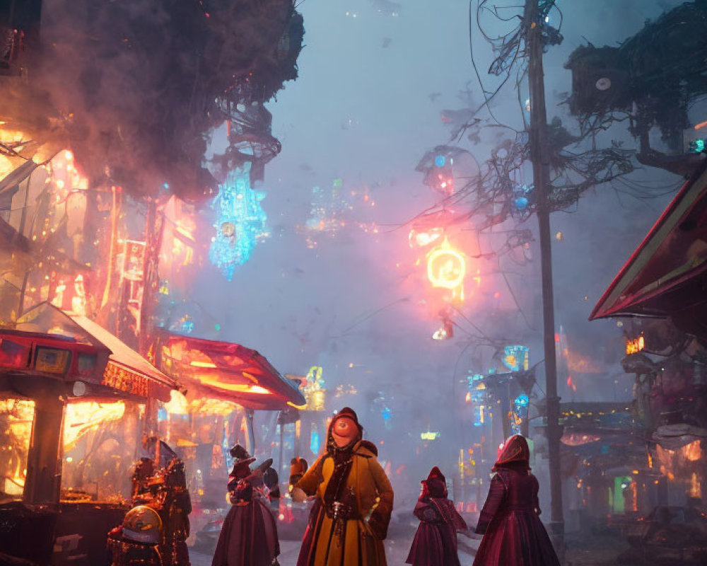 Atmospheric street scene with people in long coats under neon lights