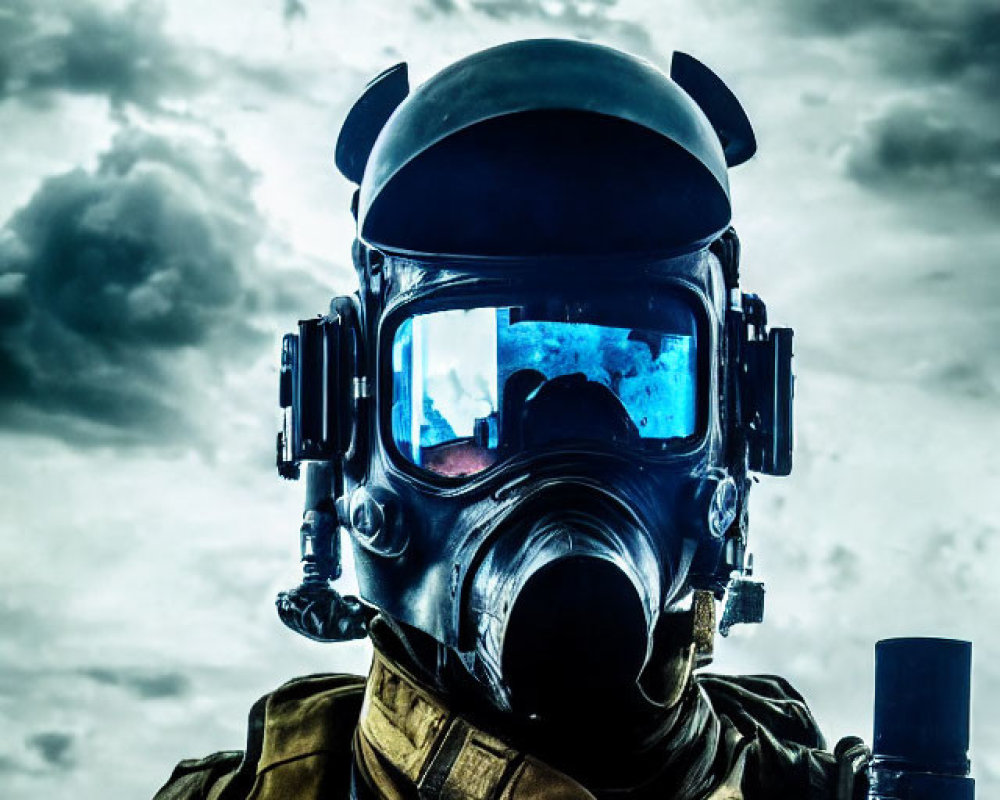 Person in Gas Mask and Tactical Gear Under Dramatic Cloudy Sky