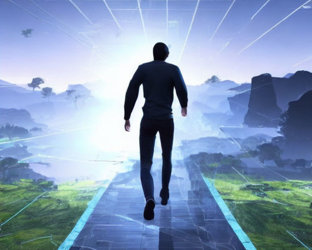 Person walking on futuristic glass bridge above lush landscape with digital grid lines and floating structures.