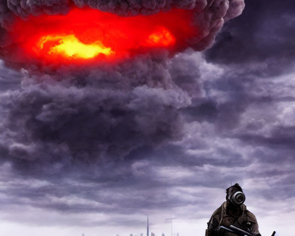 Person in gas mask with rifle in post-apocalyptic cityscape under mushroom cloud