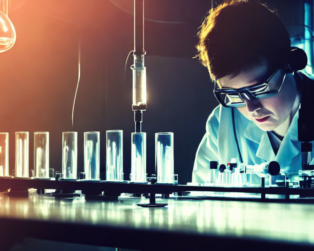 Scientist in Lab Coat Conducting Experiment with Test Tubes and Equipment