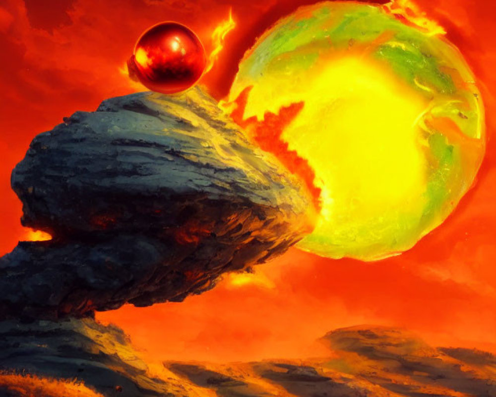 Digital illustration: Fiery landscape with red sphere and glowing green planet