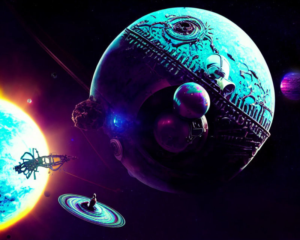 Detailed Sci-Fi Scene: Alien Planet, Sun, Spaceship, Celestial Bodies, Rings