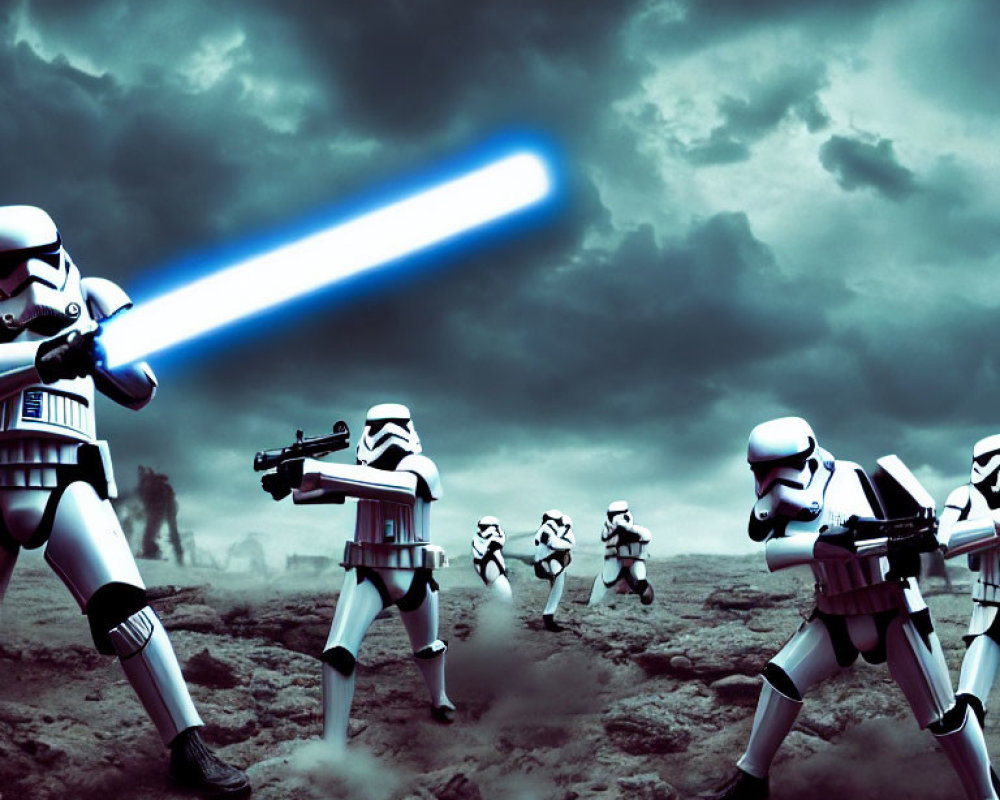 Stormtroopers with lightsaber in stormy Star Wars scene