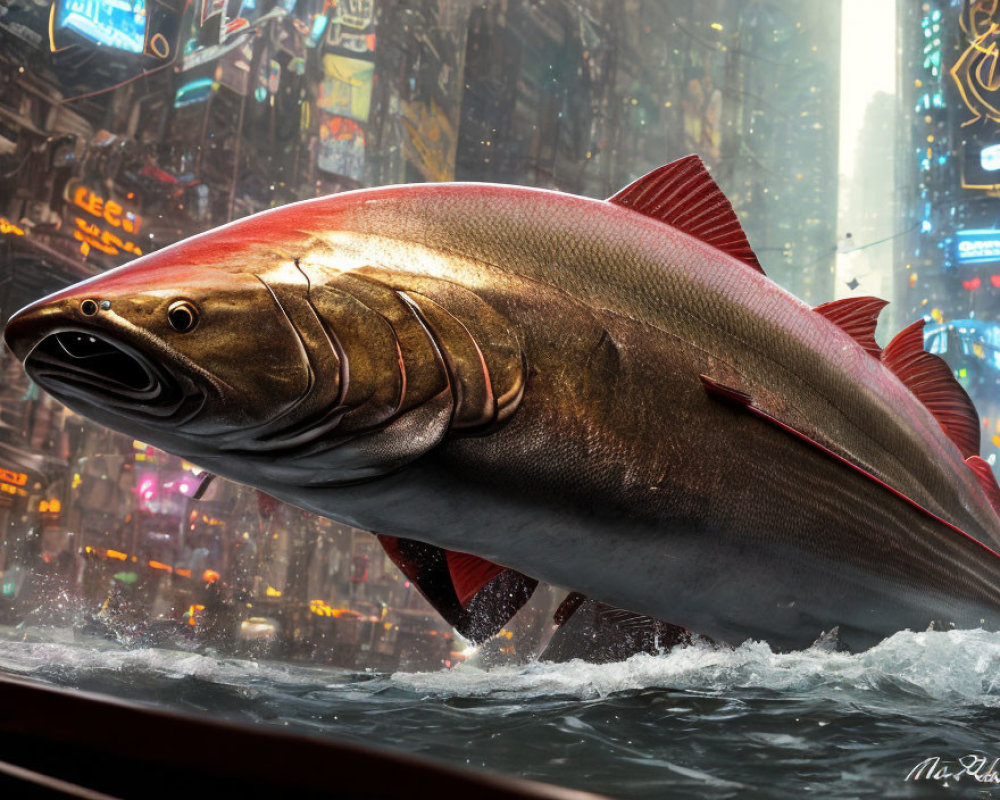 Giant fish with red fins in futuristic cityscape causing flooding