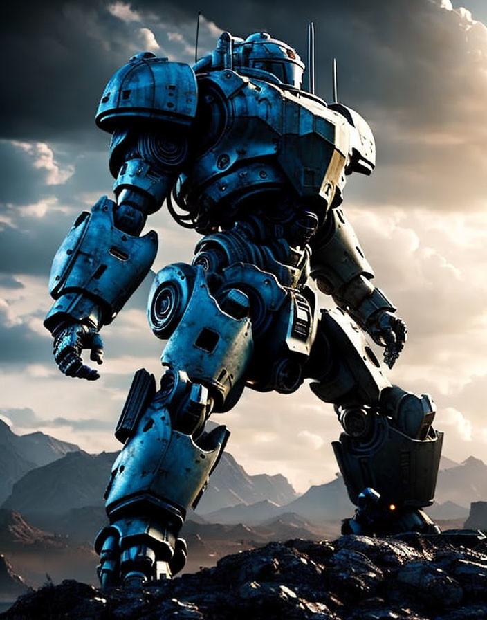 Weathered Giant Robot Stands in Post-Apocalyptic Landscape