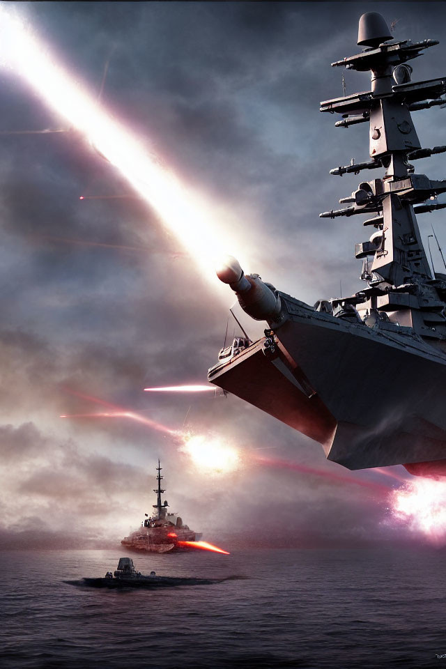 Warships in fiery battle under overcast sky