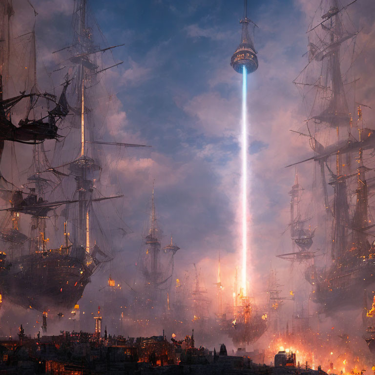 Fantasy port with tall ships and towering spire under twilight sky