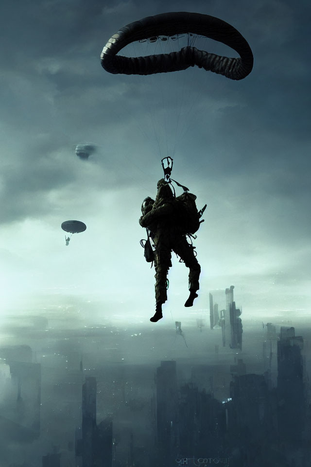 Paratrooper descends over cityscape with skyscrapers in hazy blue sky