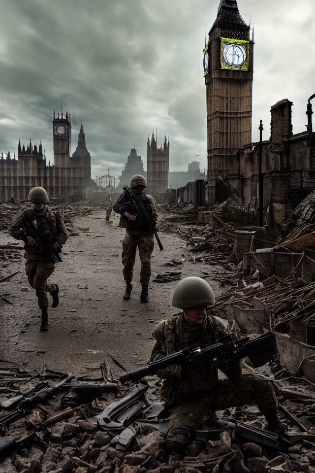 Soldiers in combat gear navigate dystopian war-torn landscape