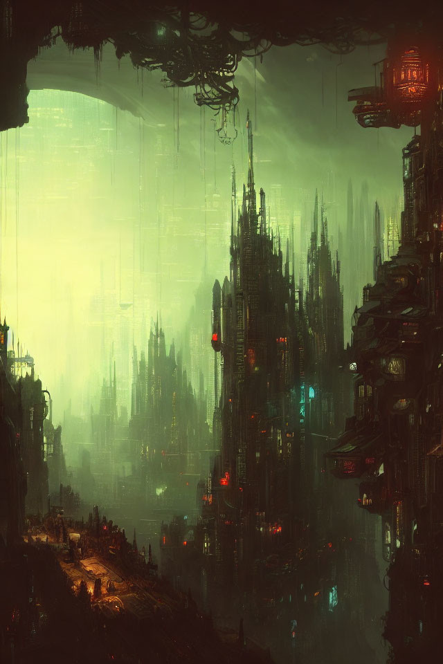 Dystopian cityscape with towering structures and flying vehicles in green light