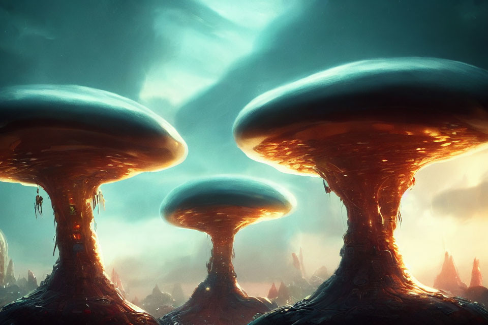 Fantastical landscape with towering mushroom-like structures under dramatic sky