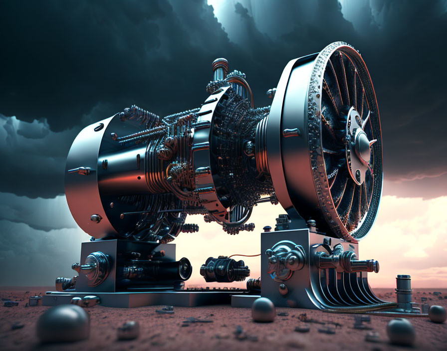 Detailed Futuristic Machine in Desert Landscape with Stormy Sky