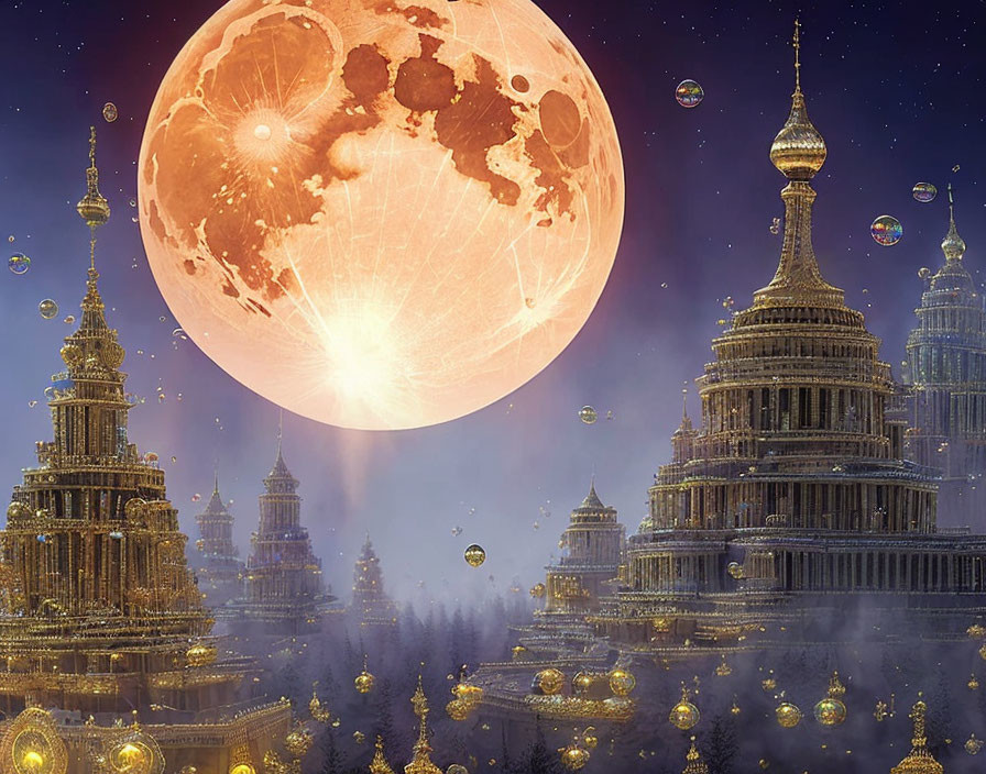 Fantastical city with golden-domed buildings under night sky and large planet.